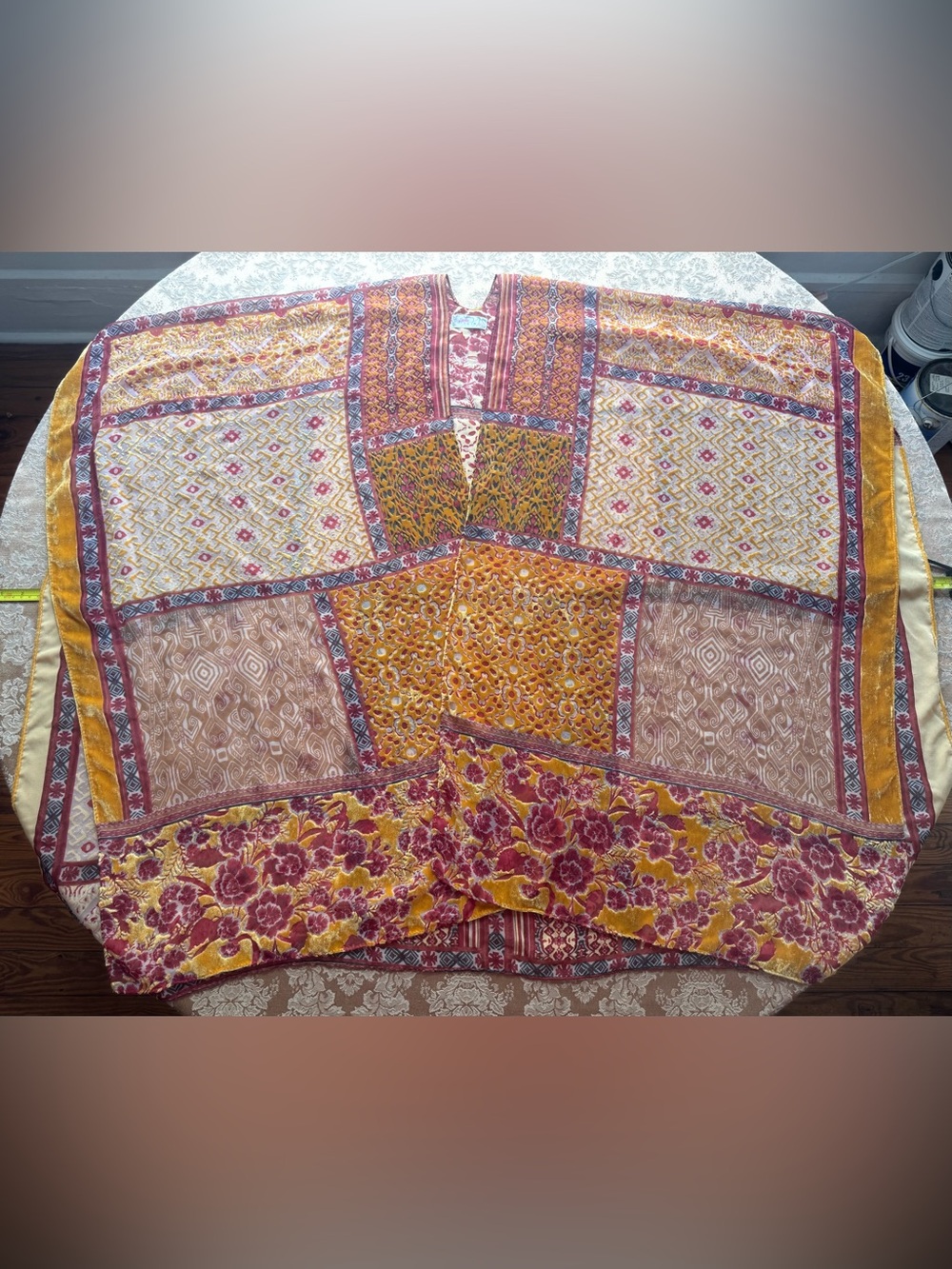 Free People Patchwork Embroidered Shawl in Mustard & Burgundy